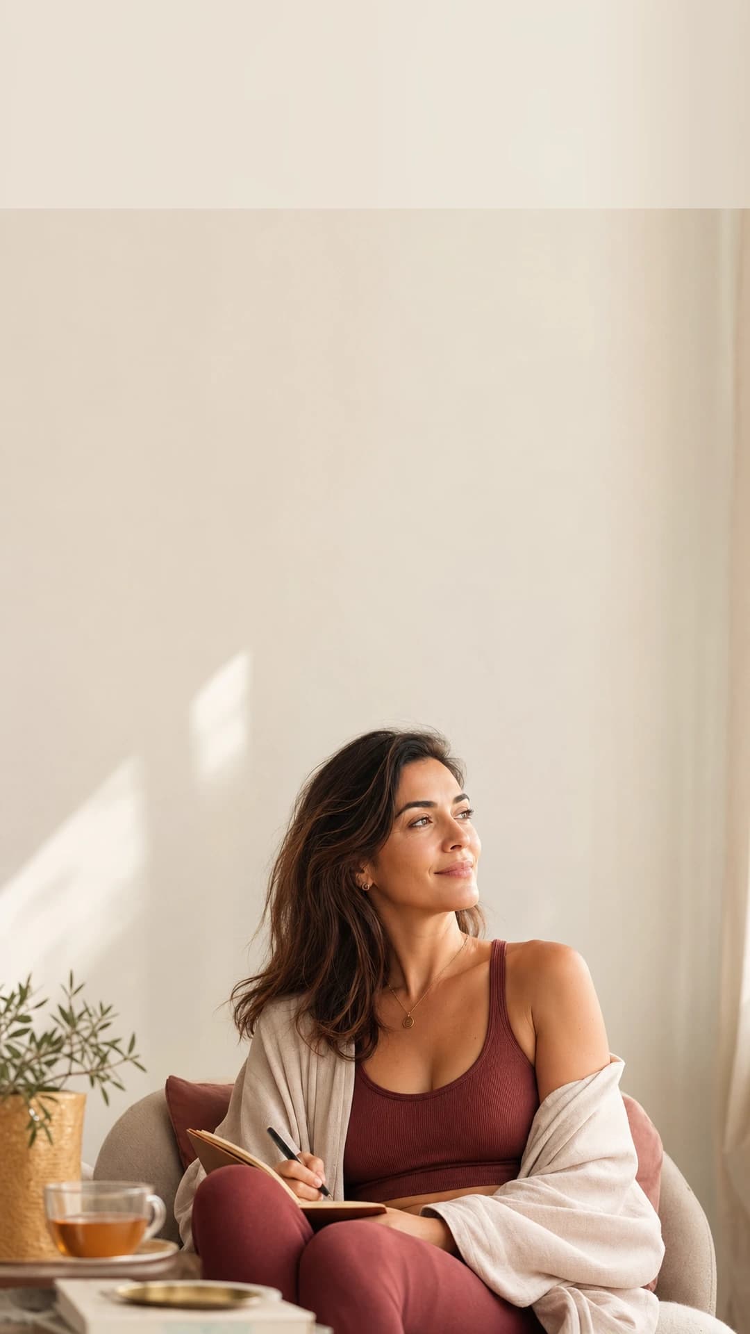 Mulher serena em ambiente de bem-estar